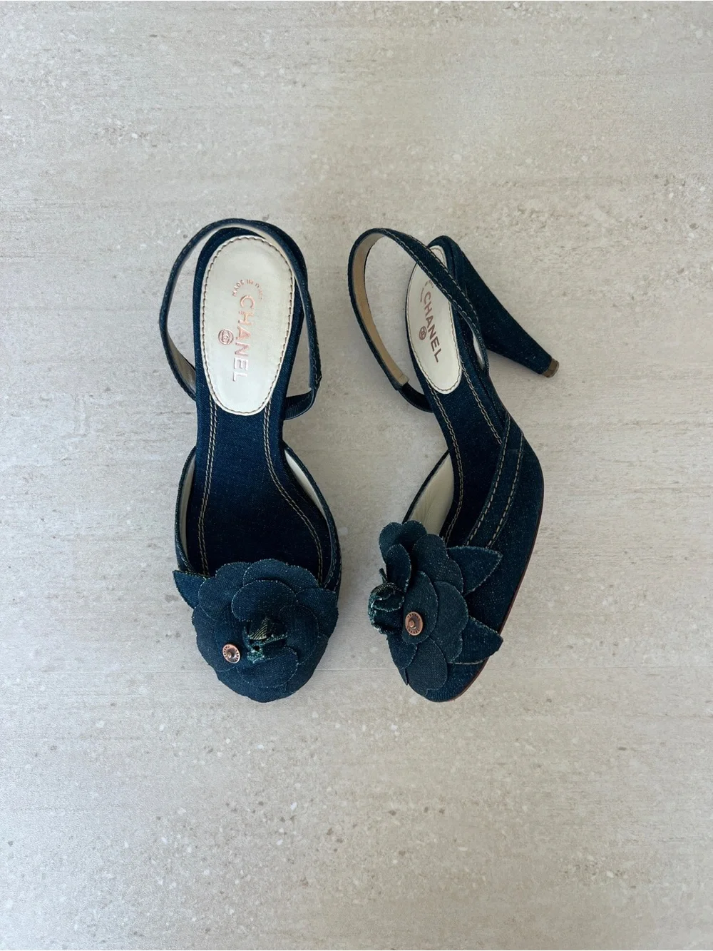 CHANEL Navy Denim Camellia Slingback Heels